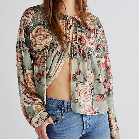 Free People Elsa Crushed Velvet Floral Sequin-Embellished L Tie-Front Green Pink - Picture 2 of 9